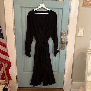 Scomchic Black Long Sleeve Wrap Dress w/ Waist Tie and Ruffles